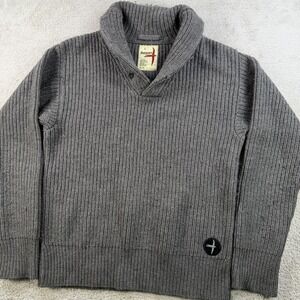 Relwen Sweater Mens Large Grey 100% Wool Shawl Collar Ribbed Knit Pullover